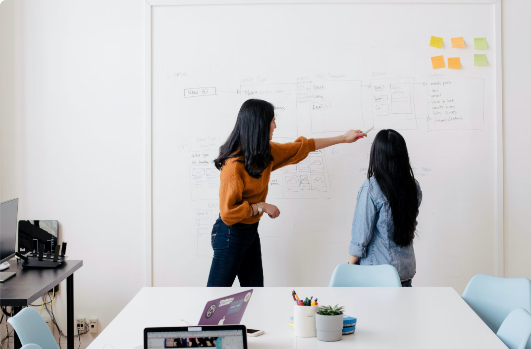 people discuss in front of the whiteboard